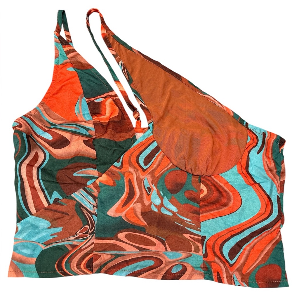 PrettyLittleThing Multi Abstract Swirl Marble Mesh Corset Top Sz 4